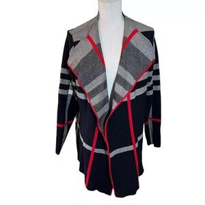 Alison Sheri Relaxed Open Striped Plaid Knit Cardigan Sweater Black Red White